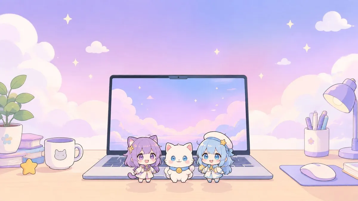 Illustration of a pastel desktop with small chibi companions standing along the bottom edge