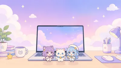 Illustration of a pastel desktop with small chibi companions standing along the bottom edge