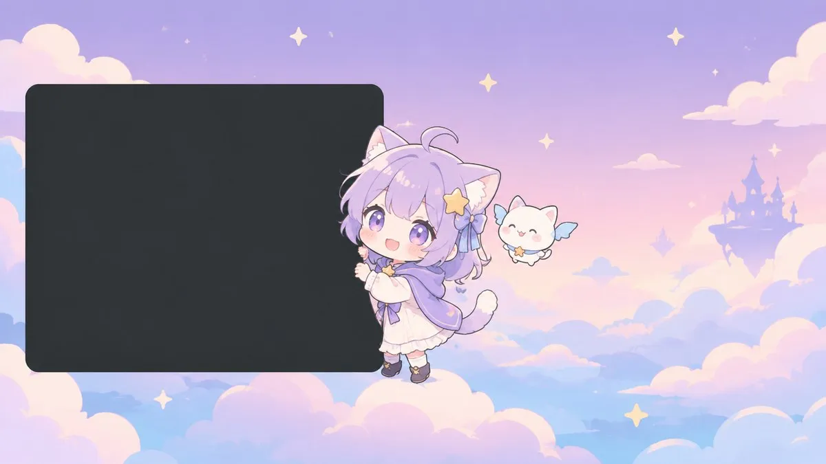 Illustration of a chibi companion standing on the edge of an opaque dark panel on a pastel background