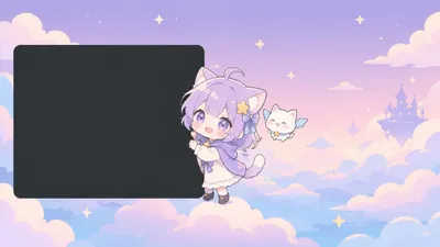 Illustration of a chibi companion standing on the edge of an opaque dark panel on a pastel background