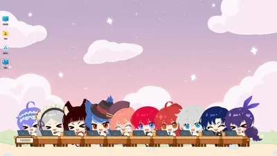 Ten chibi companions in Character House sitting in a row at desks typing, with a running counter of 100809 in the corner