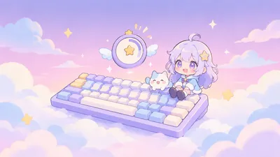 Illustration of a keyboard with a floating counter ring and a chibi companion on a pastel violet background