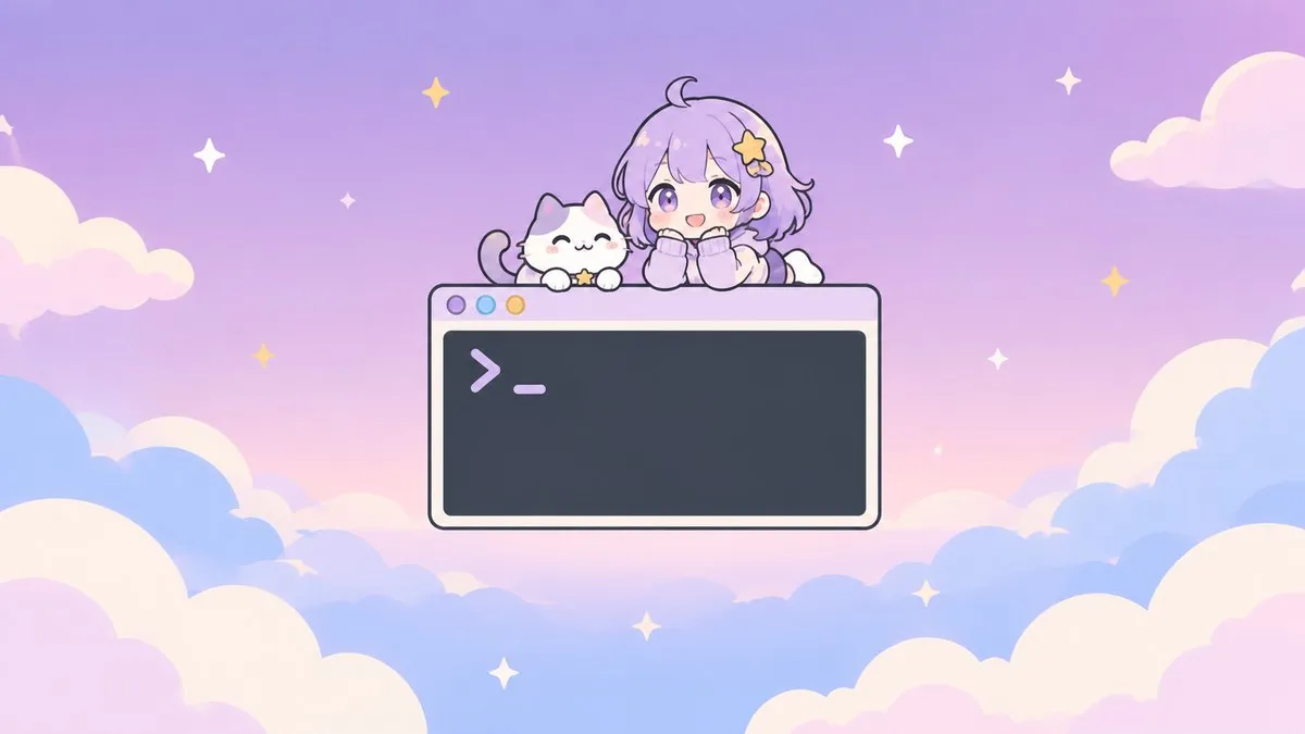 Illustration of a chibi companion sitting beside a window on a pastel violet background
