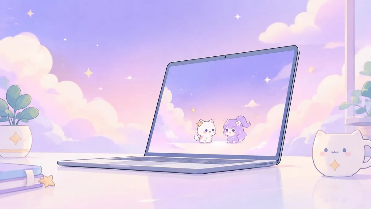 Illustration of a laptop running a pastel desktop companion on a violet background