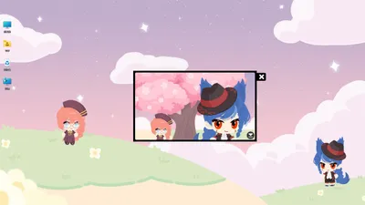 Two chibi companions in Character House standing on the desktop beside the in-game photo panel