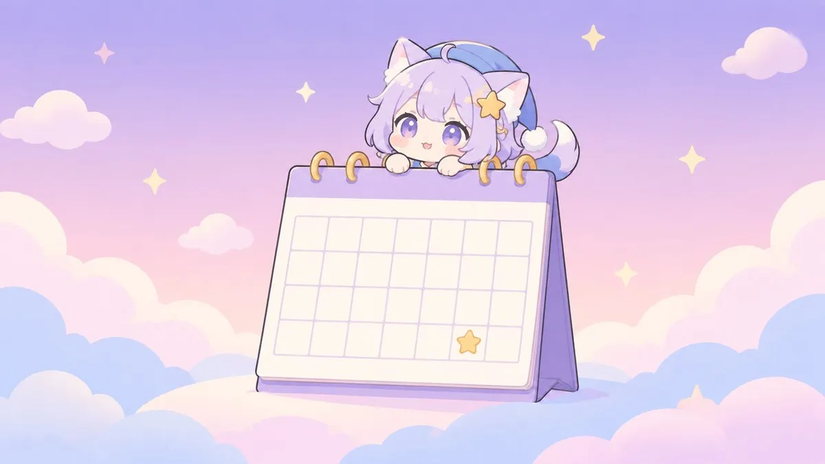Illustration of a blank calendar with a chibi companion resting on it on a pastel violet background