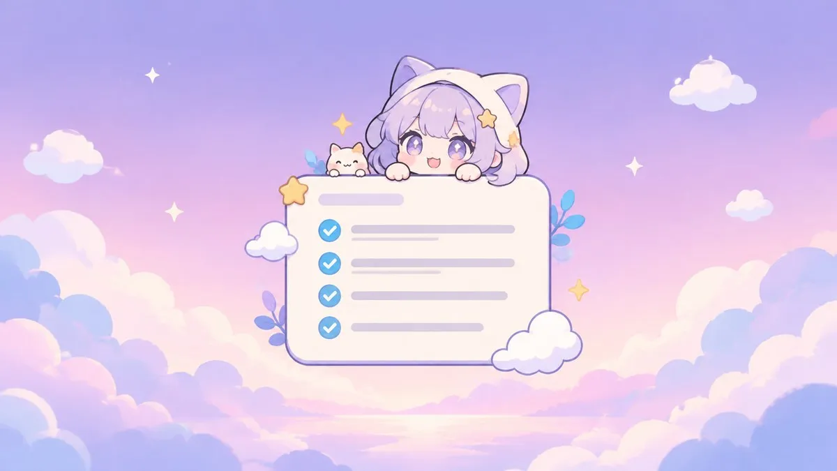 Illustration of a floating changelog card with a chibi companion peeking over it on a pastel violet background