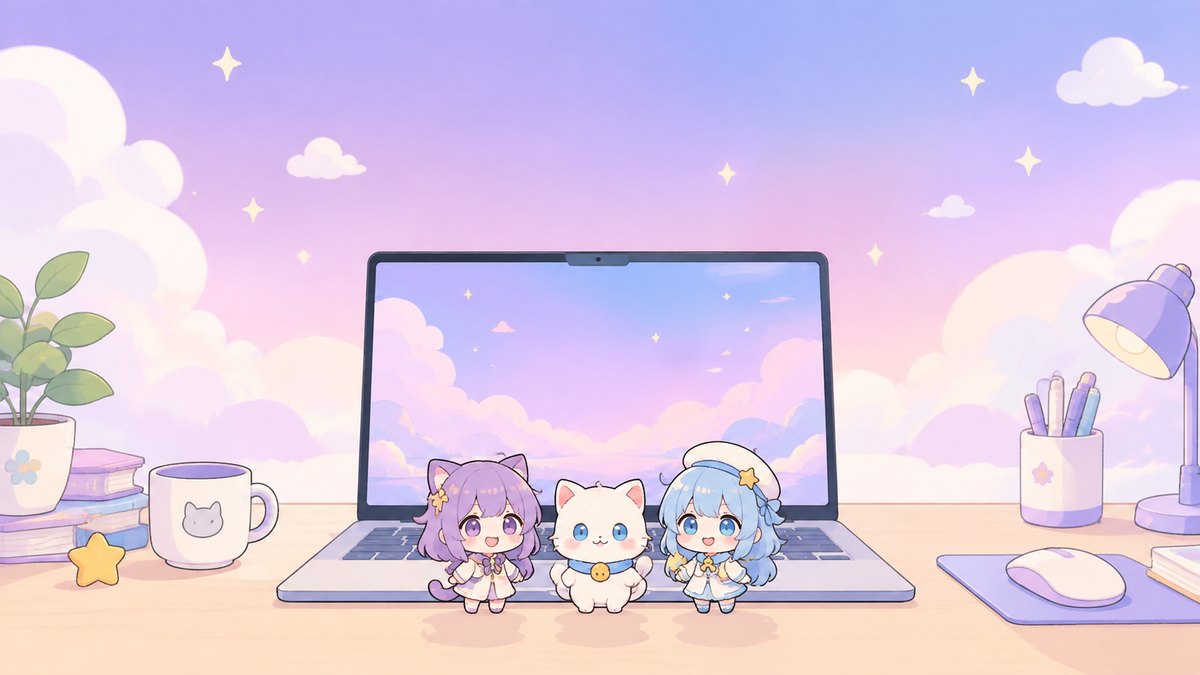 Illustration of a pastel desktop with small chibi companions standing along the bottom edge