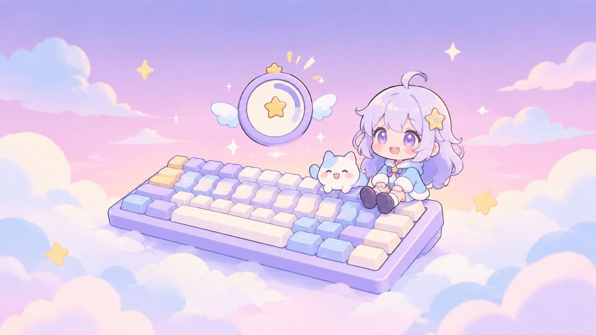 Illustration of a keyboard with a floating counter ring and a chibi companion on a pastel violet background